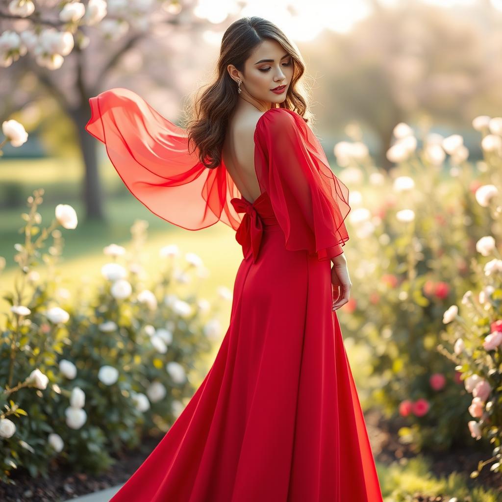 A stunning long red dress featuring elegant chiffon sleeves that flow gracefully, complemented by a beautiful bow at the back, creating a romantic and sophisticated silhouette