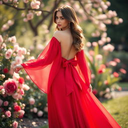 A stunning long red dress featuring elegant chiffon sleeves that flow gracefully, complemented by a beautiful bow at the back, creating a romantic and sophisticated silhouette
