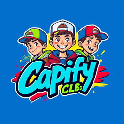 Design a vibrant and bold logo for 'The Capify Club' featuring cartoon character boys wearing stylish caps