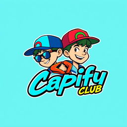 Design a vibrant and bold logo for 'The Capify Club' featuring cartoon character boys wearing stylish caps