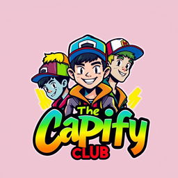 Design a vibrant and bold logo for 'The Capify Club' featuring cartoon character boys wearing stylish caps