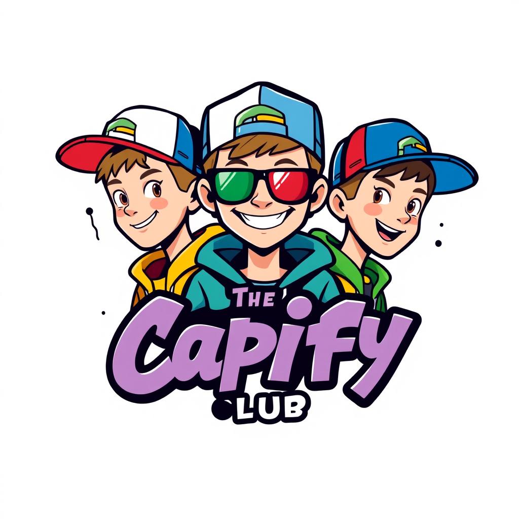 Design a vibrant and bold logo for 'The Capify Club' featuring cartoon character boys wearing stylish caps