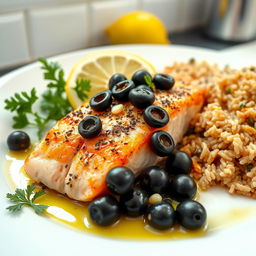 A healthy main dish featuring Greek style grilled fish with lemon and olives