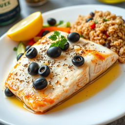 A healthy main dish featuring Greek style grilled fish with lemon and olives