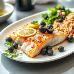 A healthy main dish featuring Greek style grilled fish with lemon and olives