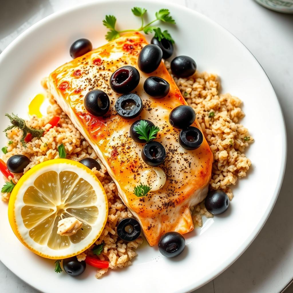 A healthy main dish featuring Greek style grilled fish with lemon and olives