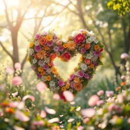 A beautifully crafted heart shape made from an assortment of colorful flowers and greenery, set against a soft, dreamy backdrop