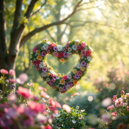 A beautifully crafted heart shape made from an assortment of colorful flowers and greenery, set against a soft, dreamy backdrop