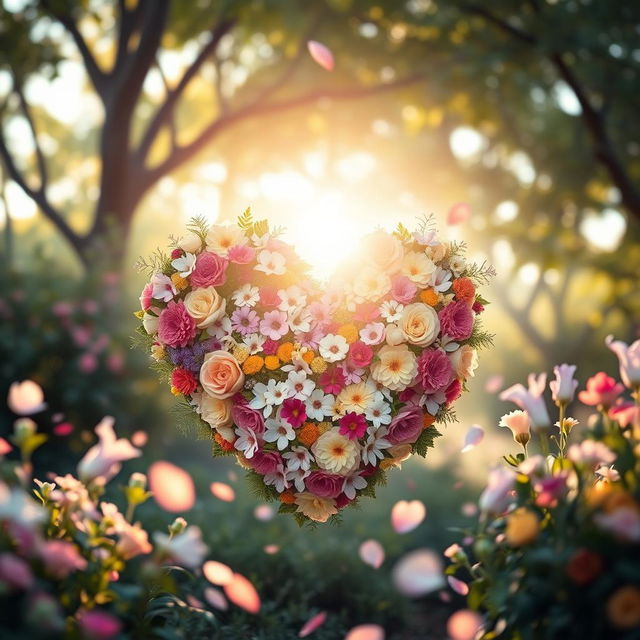 A beautifully crafted heart shape made from an assortment of colorful flowers and greenery, set against a soft, dreamy backdrop