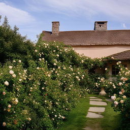 An idyllic cottage with a blooming rose garden under a summer afternoon sky