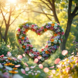 A beautifully crafted heart shape made from an assortment of colorful flowers and greenery, set against a soft, dreamy backdrop