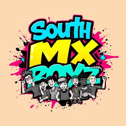 A vibrant logo design for a clothing line named 'South MX Boyz', featuring bold graffiti-style lettering in bright and energetic colors