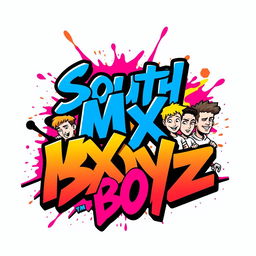 A vibrant logo design for a clothing line named 'South MX Boyz', featuring bold graffiti-style lettering in bright and energetic colors