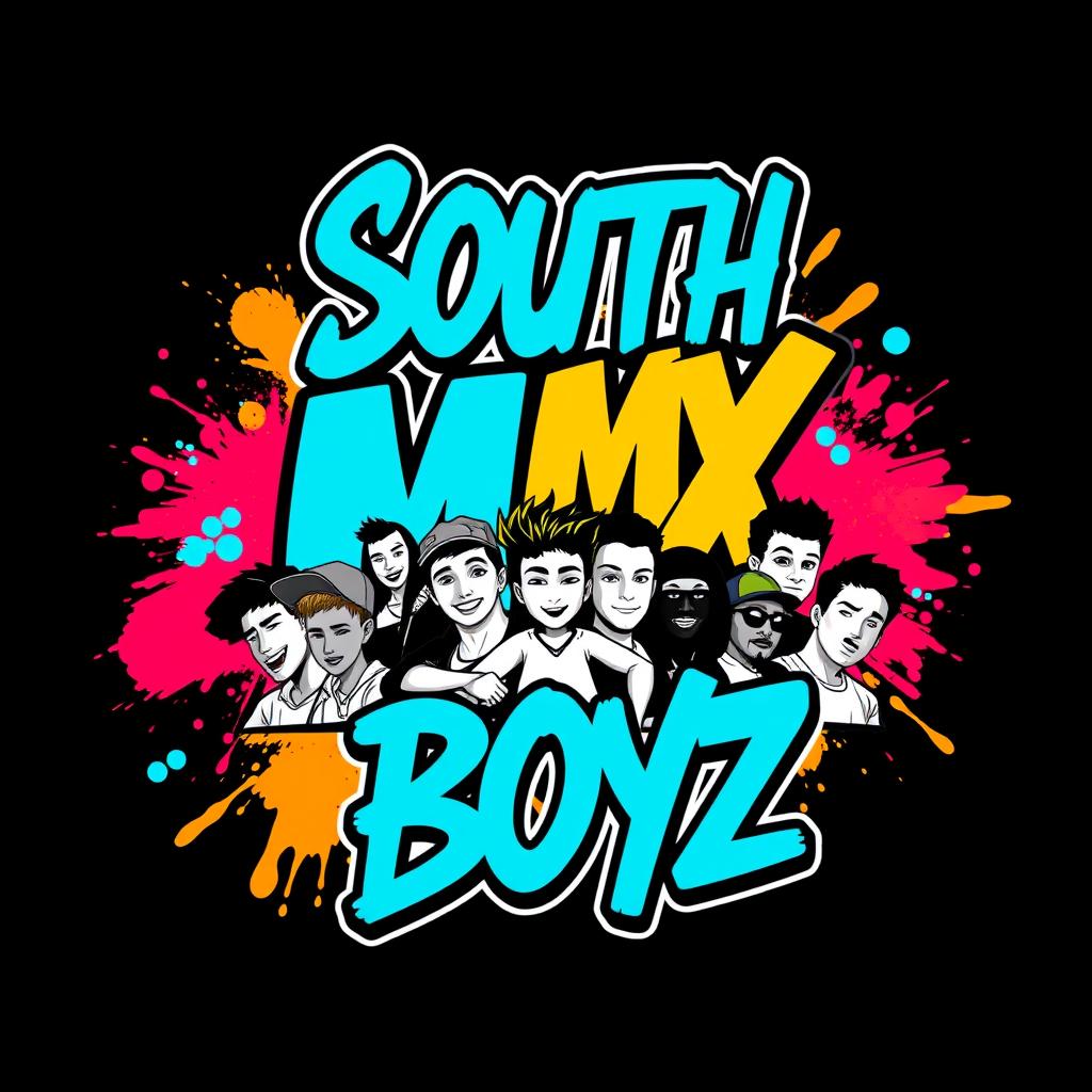 A vibrant logo design for a clothing line named 'South MX Boyz', featuring bold graffiti-style lettering in bright and energetic colors