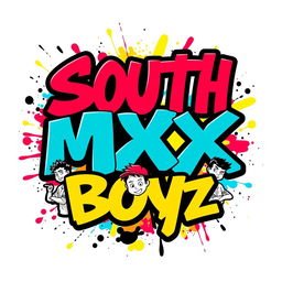 A vibrant logo design for a clothing line named 'South MX Boyz', featuring bold graffiti-style lettering in bright and energetic colors