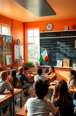 A vibrant and inviting Italian-themed classroom filled with learning materials, including colorful posters of famous Italian landmarks, a blackboard with Italian vocabulary words, and students actively engaged in a language lesson