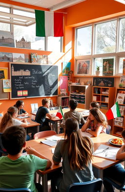 A vibrant and inviting Italian-themed classroom filled with learning materials, including colorful posters of famous Italian landmarks, a blackboard with Italian vocabulary words, and students actively engaged in a language lesson