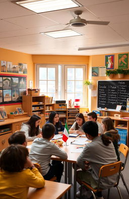 A vibrant and inviting Italian-themed classroom filled with learning materials, including colorful posters of famous Italian landmarks, a blackboard with Italian vocabulary words, and students actively engaged in a language lesson