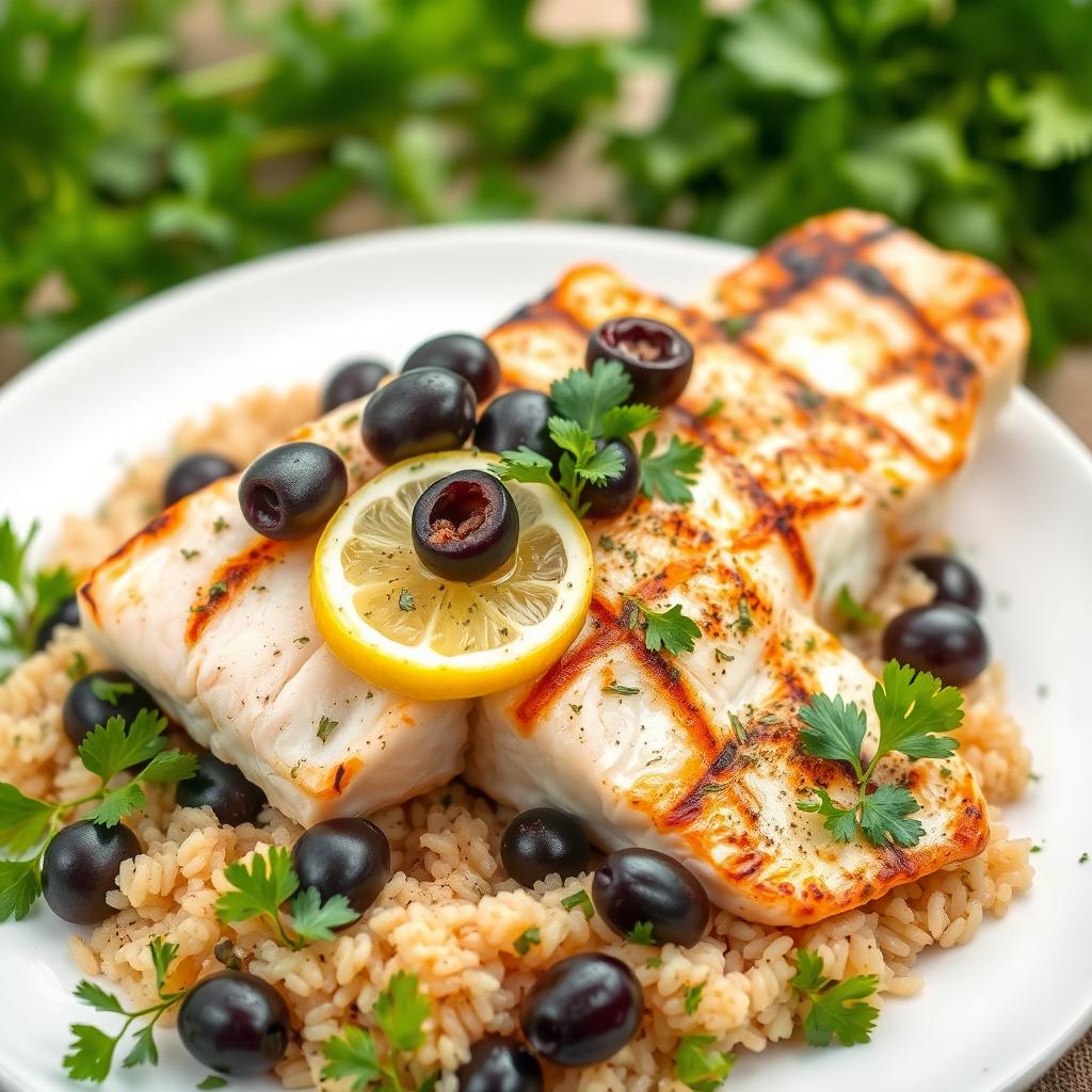 Grilled fish with lemon and olives in the Greek style, featuring a 200-gram fish fillet like salmon or halibut, drizzled with a tablespoon of olive oil and half a lemon's juice