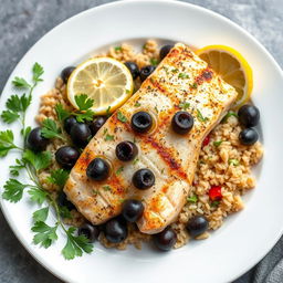 Grilled fish with lemon and olives in the Greek style, featuring a 200-gram fish fillet like salmon or halibut, drizzled with a tablespoon of olive oil and half a lemon's juice