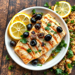 Grilled fish with lemon and olives in the Greek style, featuring a 200-gram fish fillet like salmon or halibut, drizzled with a tablespoon of olive oil and half a lemon's juice