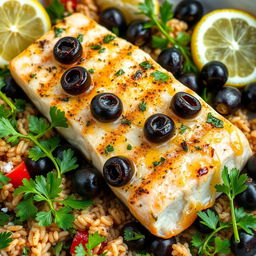 Grilled fish with lemon and olives in the Greek style, featuring a 200-gram fish fillet like salmon or halibut, drizzled with a tablespoon of olive oil and half a lemon's juice