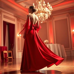 A stunning long red dress featuring elegant chiffon sleeves and a beautiful back bow that adds a touch of sophistication