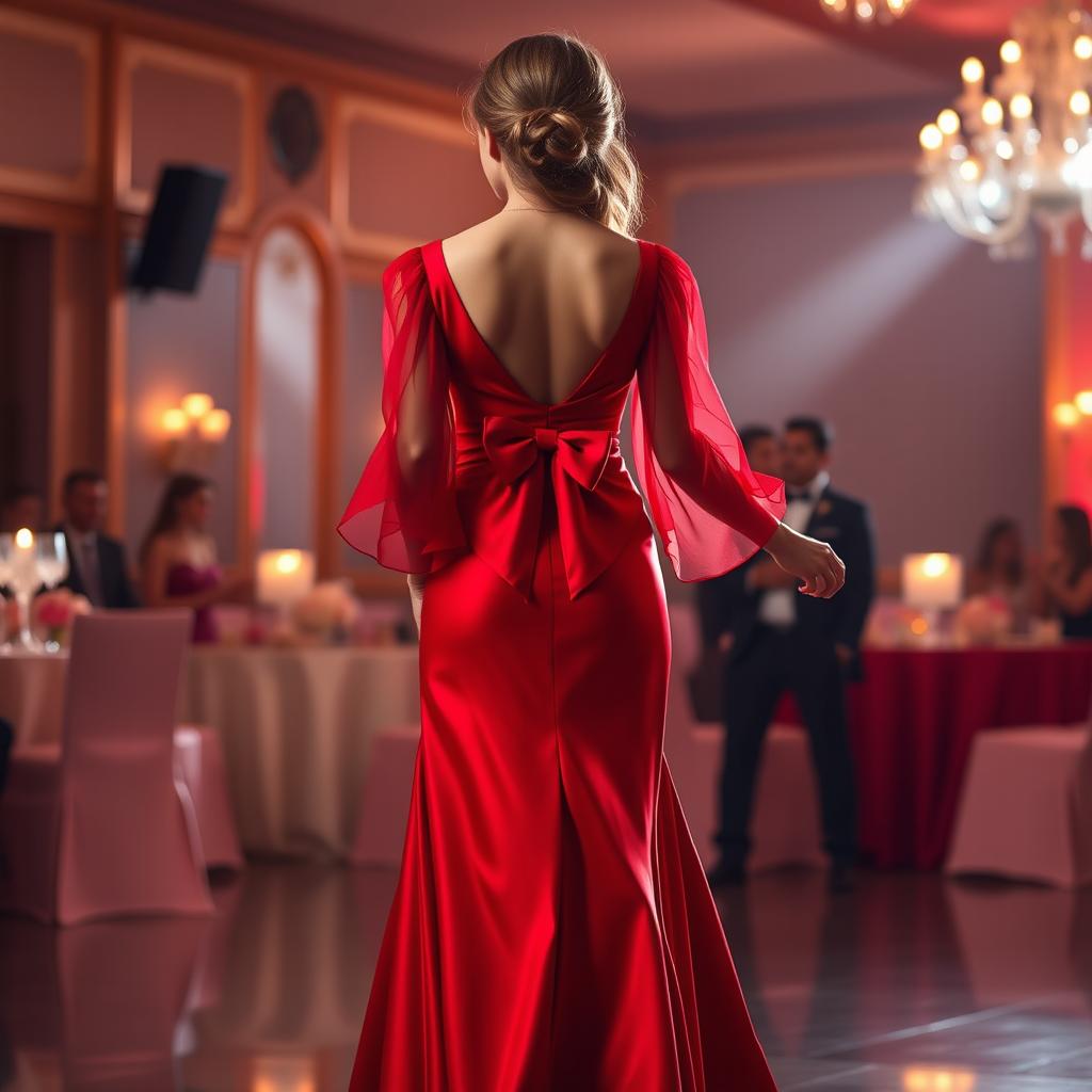 A stunning long red dress featuring elegant chiffon sleeves and a beautiful back bow that adds a touch of sophistication