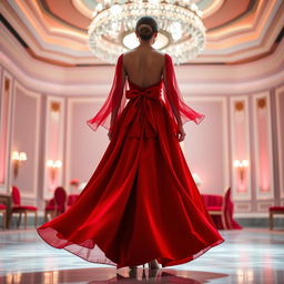 A stunning long red dress featuring elegant chiffon sleeves and a beautiful back bow that adds a touch of sophistication