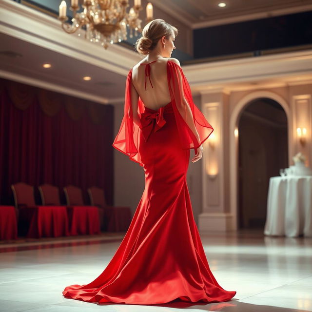 A stunning long red dress featuring elegant chiffon sleeves and a beautiful back bow that adds a touch of sophistication