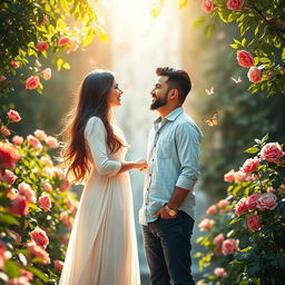 A romantic scene between two individuals, Maryam and Mohammad, standing in a lush garden filled with vibrant flowers and green foliage