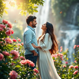 A romantic scene between two individuals, Maryam and Mohammad, standing in a lush garden filled with vibrant flowers and green foliage