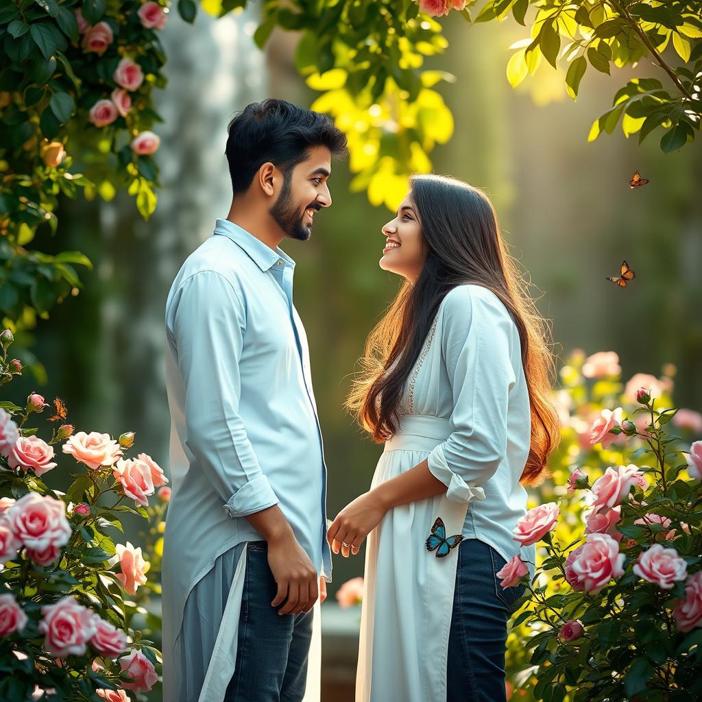 A romantic scene between two individuals, Maryam and Mohammad, standing in a lush garden filled with vibrant flowers and green foliage