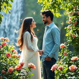 A romantic scene between two individuals, Maryam and Mohammad, standing in a lush garden filled with vibrant flowers and green foliage