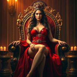 Queen Semiramis, exuding sexiness and confidence, is portrayed in a strikingly sexy red outfit that highlights her curves