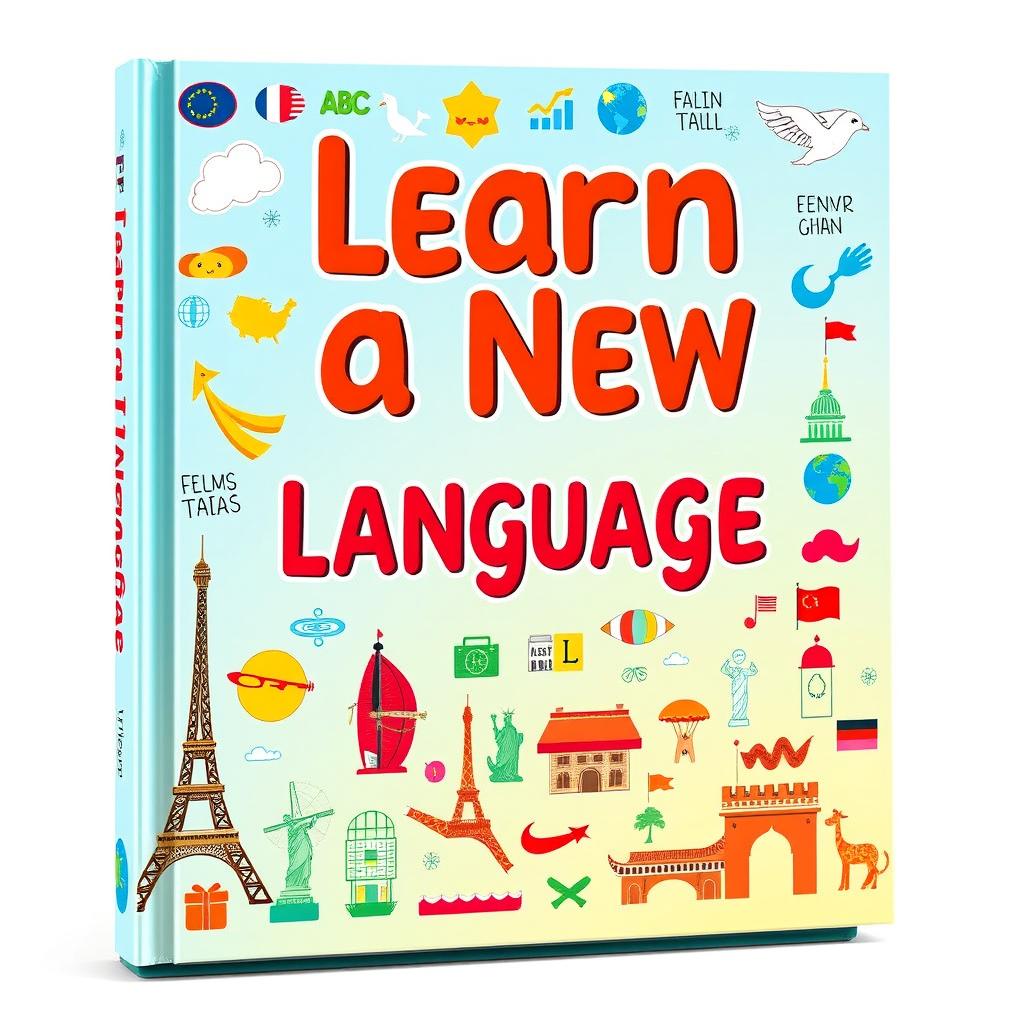 A beautifully designed language learning book cover featuring an array of colorful illustrations related to different cultures and languages