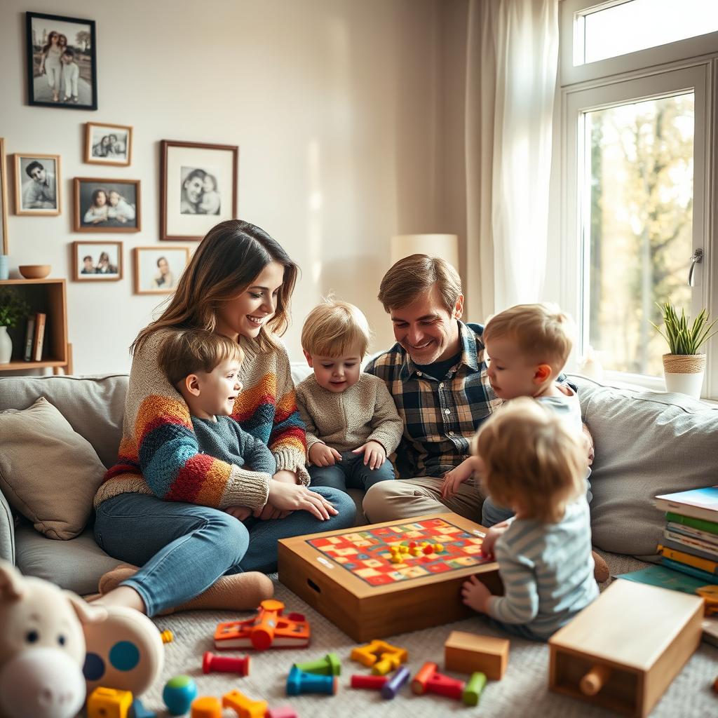 A loving scene depicting a mother and father together at home, enjoying a peaceful moment with their children