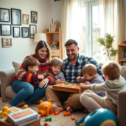 A loving scene depicting a mother and father together at home, enjoying a peaceful moment with their children
