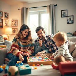 A loving scene depicting a mother and father together at home, enjoying a peaceful moment with their children