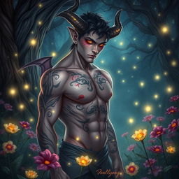 A captivating scene illustrating an enchanting romance featuring a demon in a mystical setting