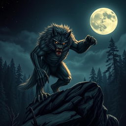 A fierce werewolf standing on a rocky cliff during a full moon night, its muscular physique illuminated by moonlight