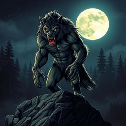 A fierce werewolf standing on a rocky cliff during a full moon night, its muscular physique illuminated by moonlight