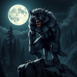 A fierce werewolf standing on a rocky cliff during a full moon night, its muscular physique illuminated by moonlight