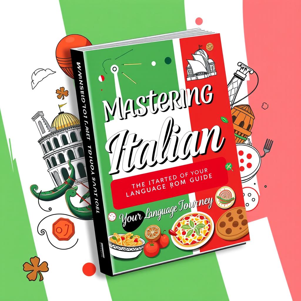 An eye-catching book cover design for a language learning guide focused on Italian