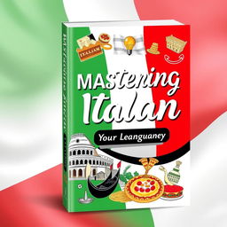 An eye-catching book cover design for a language learning guide focused on Italian