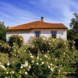 An idyllic cottage with a blooming rose garden under a summer afternoon sky