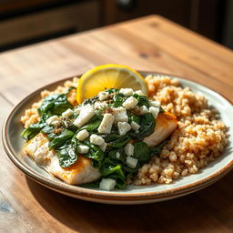 A healthy Greek dish featuring white fish with spinach and feta cheese, presented beautifully on a ceramic plate