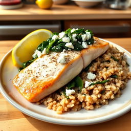 A healthy Greek dish featuring white fish with spinach and feta cheese, presented beautifully on a ceramic plate