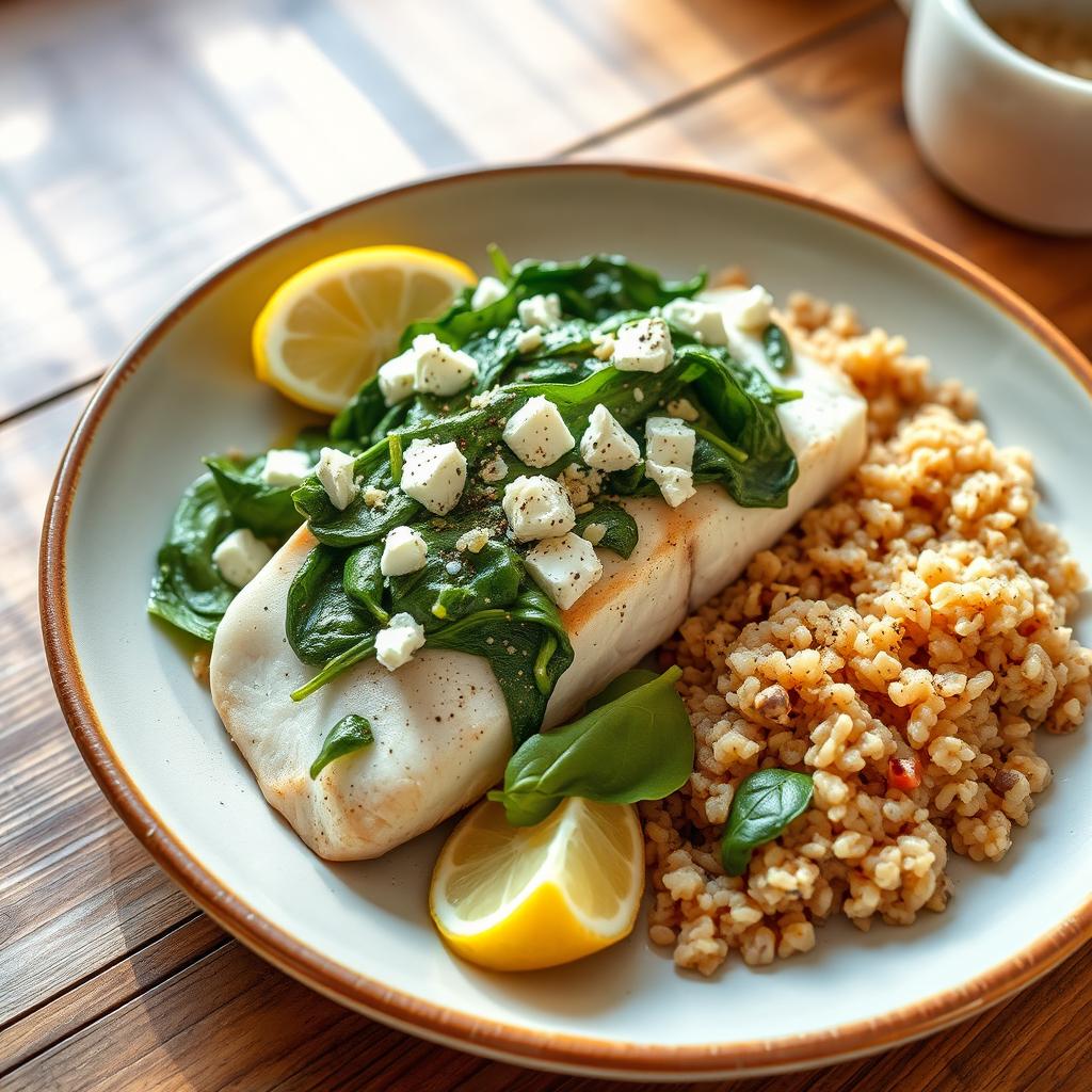 A healthy Greek dish featuring white fish with spinach and feta cheese, presented beautifully on a ceramic plate
