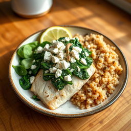 A healthy Greek dish featuring white fish with spinach and feta cheese, presented beautifully on a ceramic plate